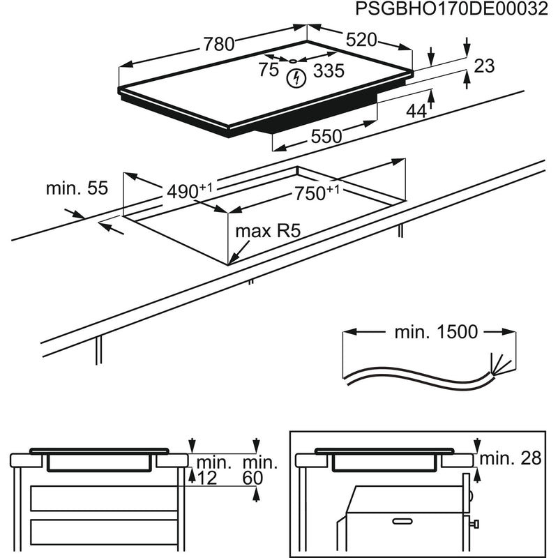 Grade A AEG IAE84421FB 78cm 4 Zone Induction Hob with Bridge Zone and SenseBoil