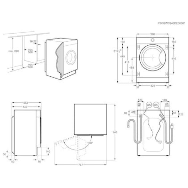 Grade A AEG 6000 Series AutoSense 7kg Wash 4kg Dry 1600rpm Integrated Washer Dryer - White
