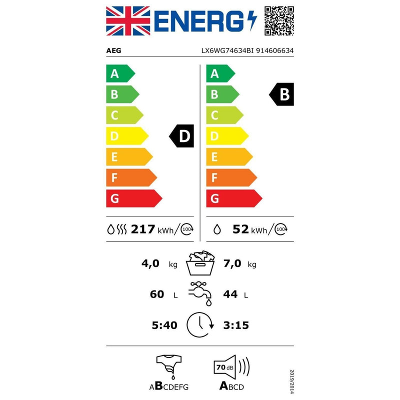 Grade A AEG 6000 Series AutoSense 7kg Wash 4kg Dry 1600rpm Integrated Washer Dryer - White