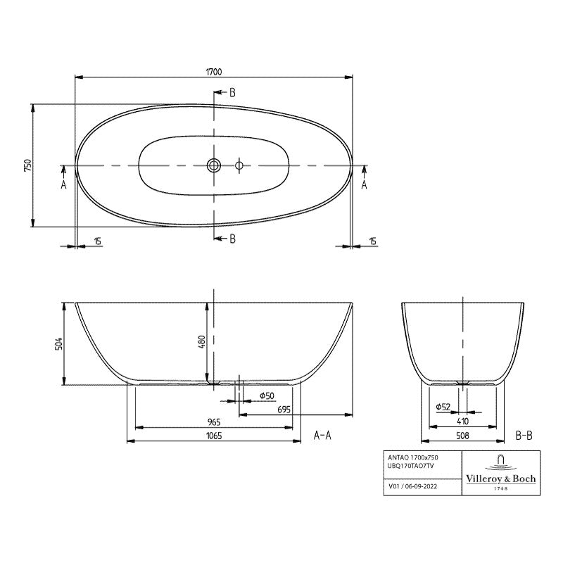 Villeroy & Boch bathtub Antao freestanding oval 170 × 75 cm