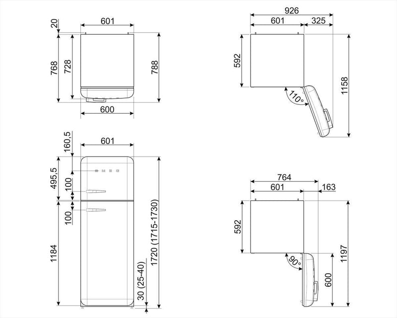 Smeg Fridge Freezer 172x60cm FAB30RPG5UK - Ideali